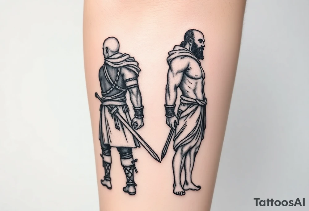 Warrior and Peace man standing back to back tattoo idea