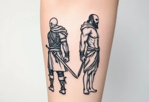 Warrior and Peace man standing back to back tattoo idea