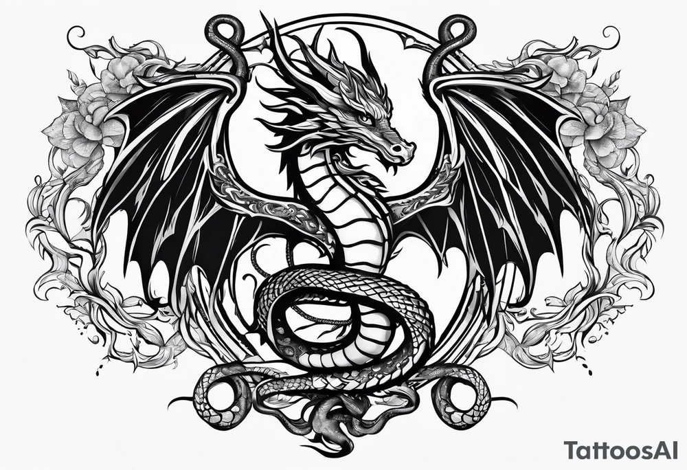 caduceus; intricate fine line and abstract with realism replace snakes with eastern dragons tattoo idea