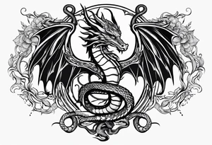 caduceus; intricate fine line and abstract with realism replace snakes with eastern dragons tattoo idea