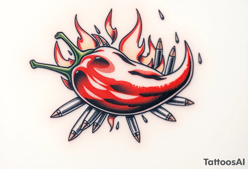 Chili pepper with flames and raining bullets in the background tattoo idea