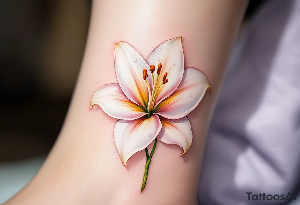 A beautifully detailed white lily with soft golden accents, its petals gracefully curving outward, revealing subtle hints of blush pink near the center. Tiny dew droplets rest on the petals, reflecting light for a realistic effect. tattoo idea