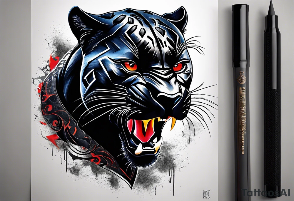 unique black panther tattoo, portrayed in a dynamic pose, showcasing its strength and grace, striking red eyes, intense and captivating elements, artistic flair, blending realism with abstract elements tattoo idea