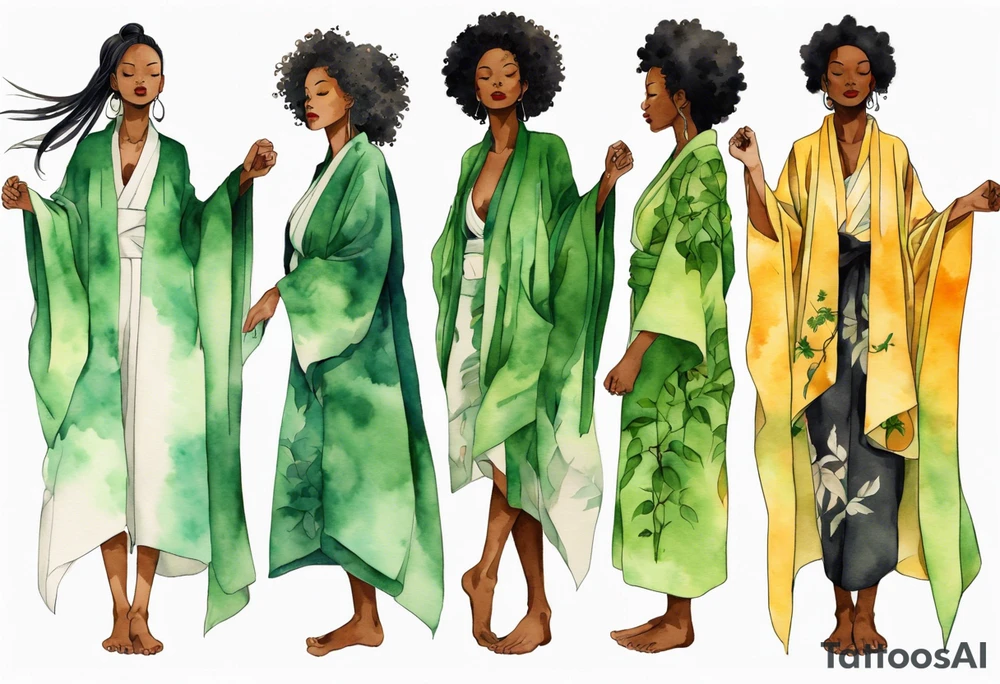 a beautiful black woman with tree roots for feet, wearing a green robe, arms reaching up towards the sun blazing in the sky tattoo idea