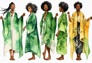 a beautiful black woman with tree roots for feet, wearing a green robe, arms reaching up towards the sun blazing in the sky tattoo idea