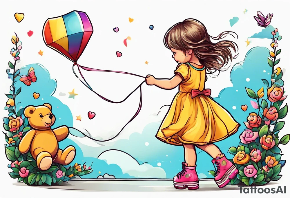 a little girl in a dress standing with a teddy bear in roller skates, flying a kite tattoo idea