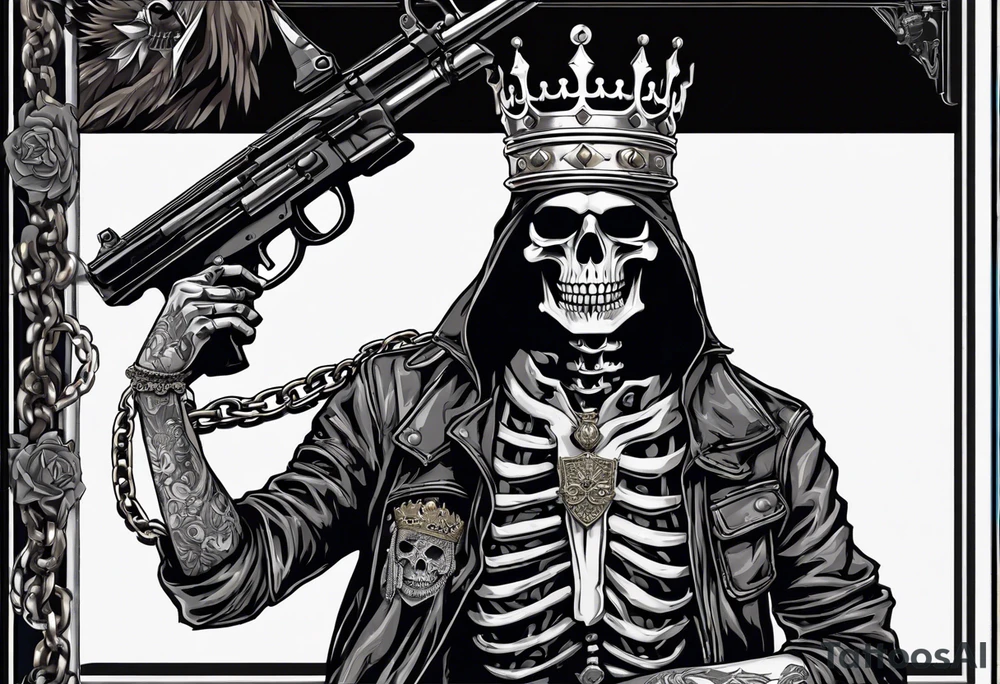 image of a skeleton standing frontally with a crown on his head, holding an AK-47 on his shoulder with his right hand. The chain on the left should be taut, there are three angry barking Dobermans in it, near the waist tattoo idea