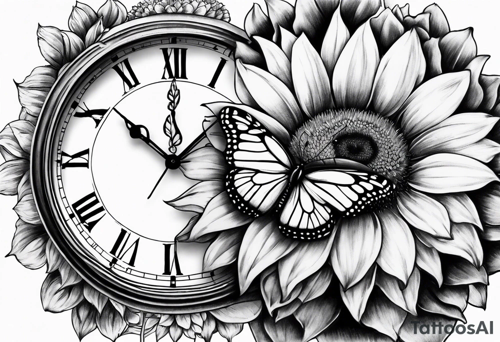 Sleeve with clock, sunflower and butterfly tattoo idea