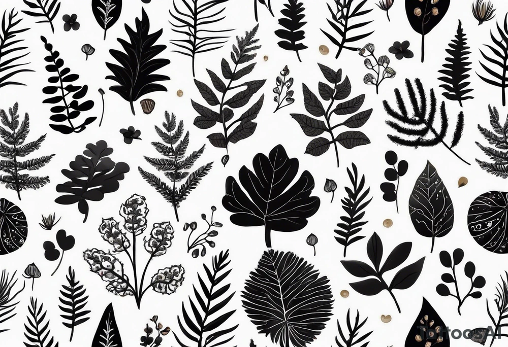 minimalistic forest floor inspired tattoo, which includes grass, moss, curly ferns and dead leaves as the bulk of the tattoo. details to include: forest berries, couple of very small brown mushrooms, a tiny bumblebee flying nearby tattoo idea