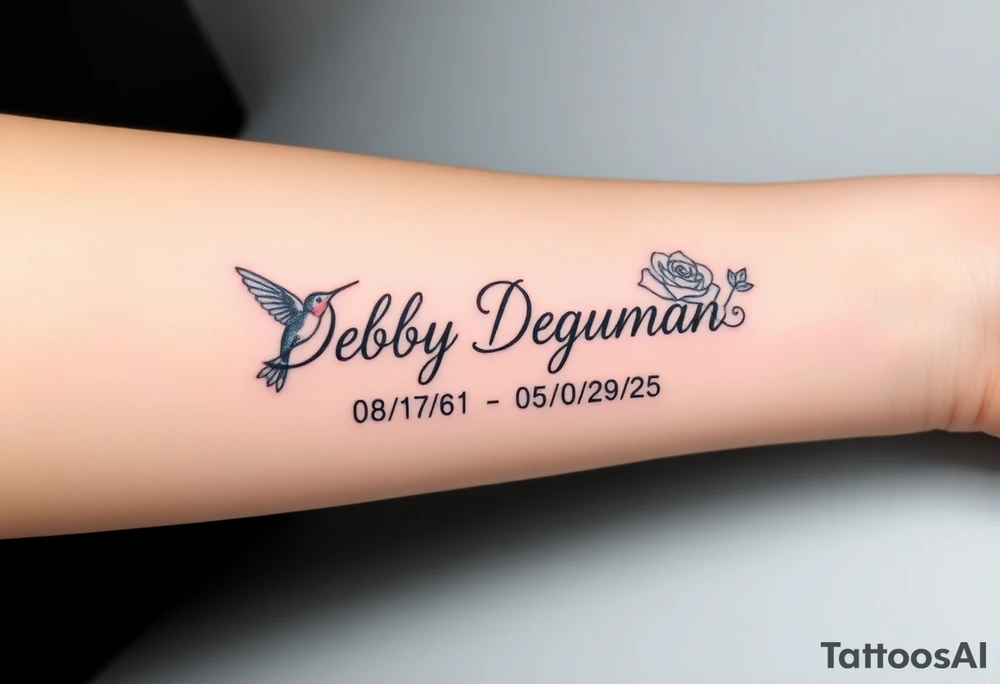 Tattoo of the exact name Debby Deguzman in chunky curly cursive with the exact dates of 08/17/61-05/29/25 surrounded by 1 hummingbird and 1 rose tattoo idea