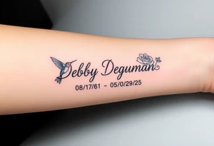 Tattoo of the exact name Debby Deguzman in chunky curly cursive with the exact dates of 08/17/61-05/29/25 surrounded by 1 hummingbird and 1 rose tattoo idea