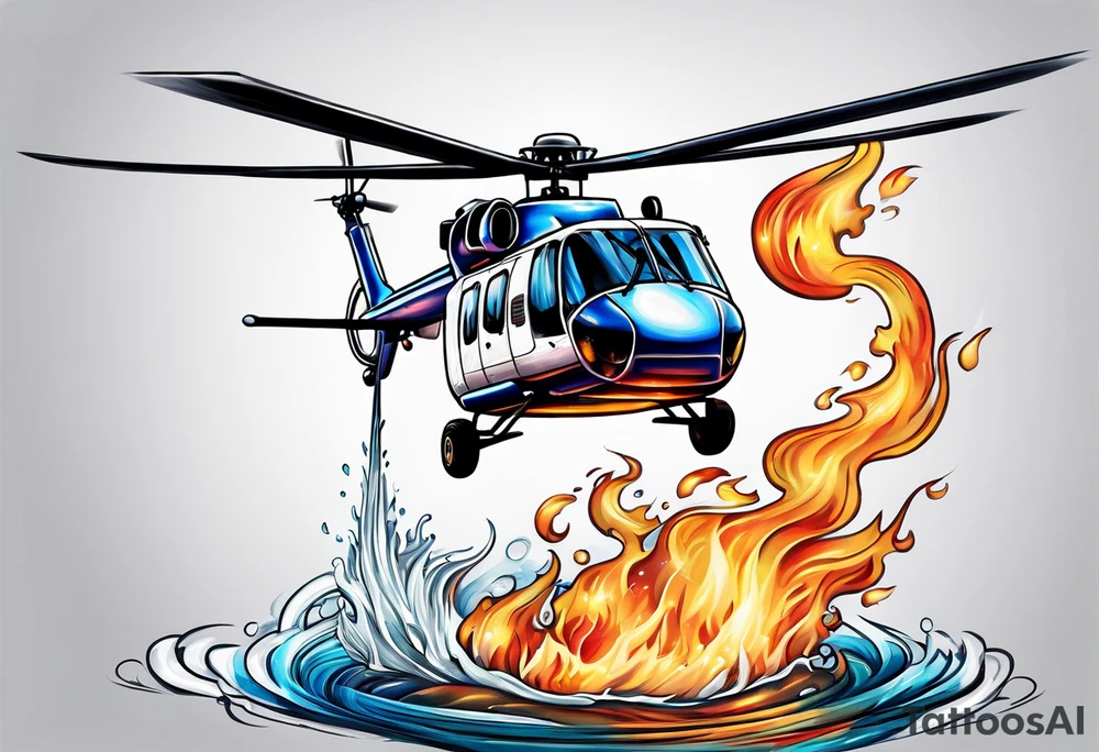a helicopter dropping water on a fire with a bucket tattoo idea