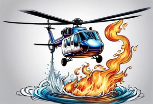 a helicopter dropping water on a fire with a bucket tattoo idea