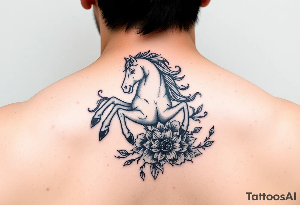 aquarius zodiac sign under year of the horse with floral design colored tattoo idea