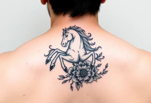 aquarius zodiac sign under year of the horse with floral design colored tattoo idea