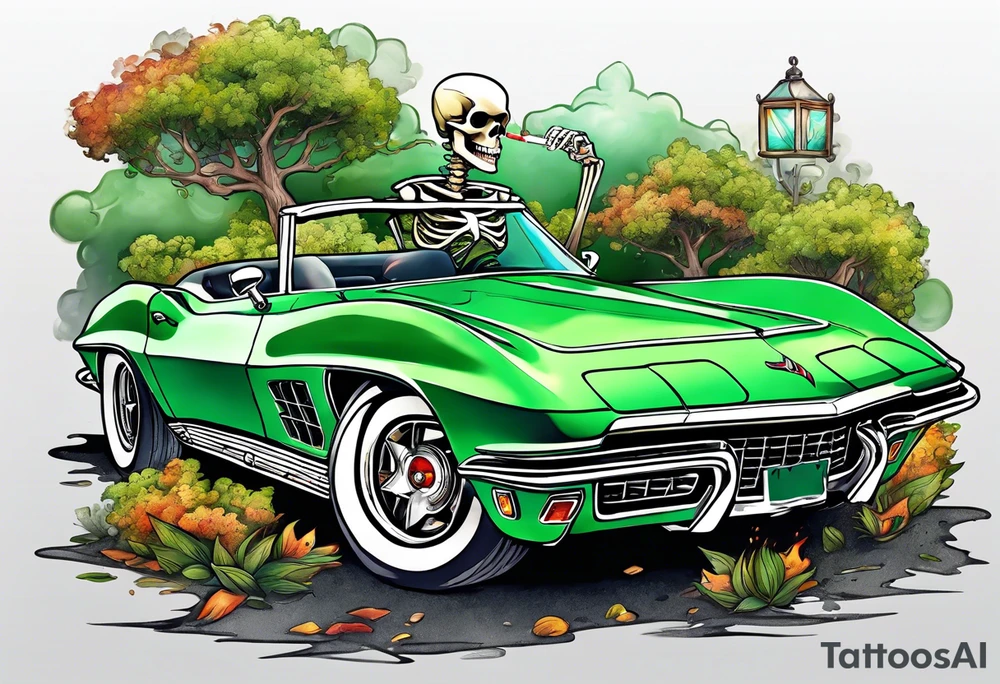 Skeleton smoking a cigarette driving a green 1976 convertible Corvette tattoo idea