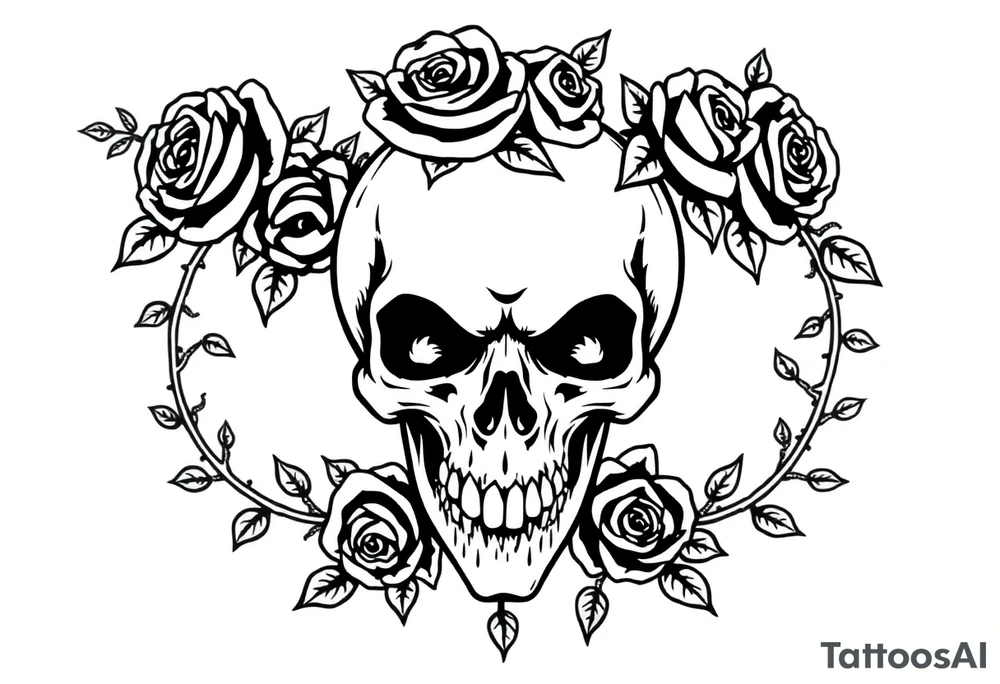 gothic skull intertwined with climbing roses and thorny vines tattoo idea