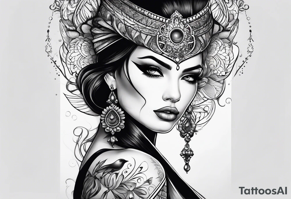 Half evil half beautiful female face tattoo idea