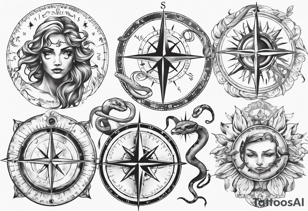 Compass tatoo with sun, Gemini , angels and snake tattoo idea