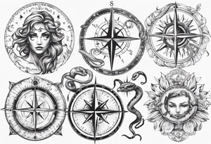 Compass tatoo with sun, Gemini , angels and snake tattoo idea