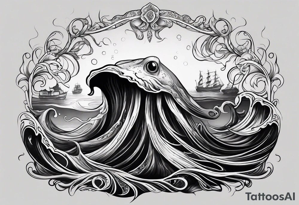 The horrifying squid hides itself in ink and turns the color of its body to black to blend into the black sea tattoo idea