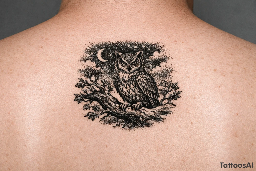 wise owl perched on ancient oak branch under starlit sky tattoo idea