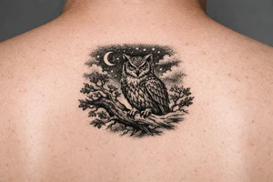 wise owl perched on ancient oak branch under starlit sky tattoo idea
