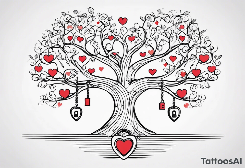 Family tree with lock and hearts with places to put names tattoo idea