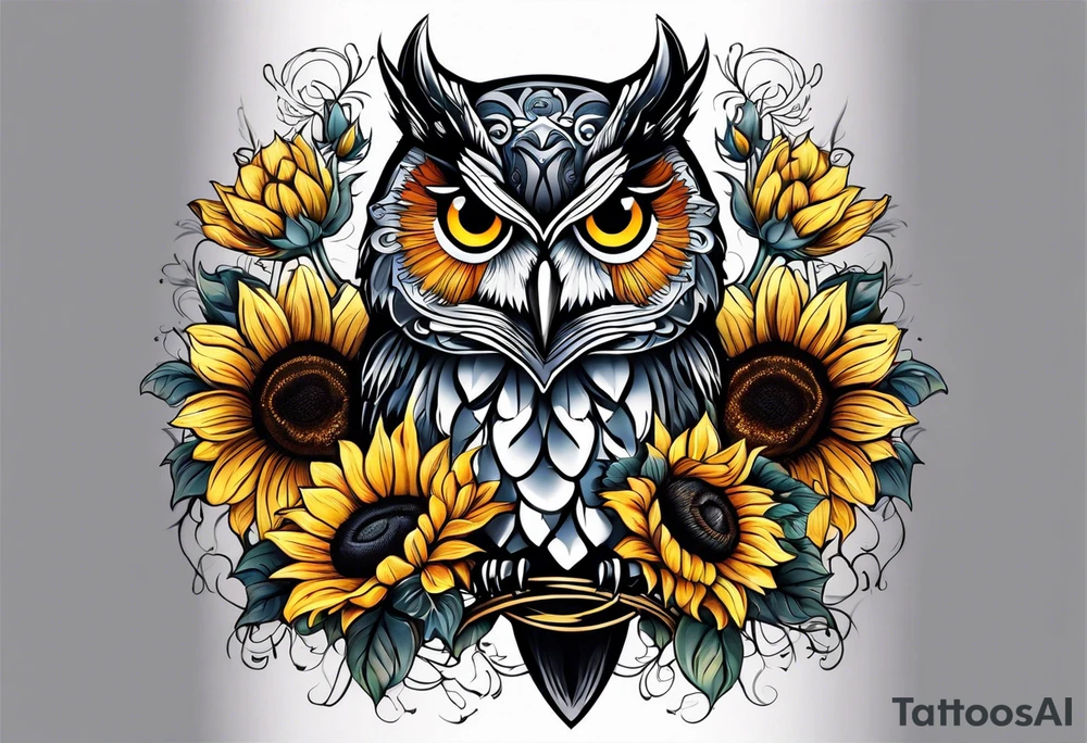 Arm sleeve with owl and sunflowers tattoo idea