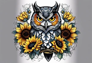 Arm sleeve with owl and sunflowers tattoo idea