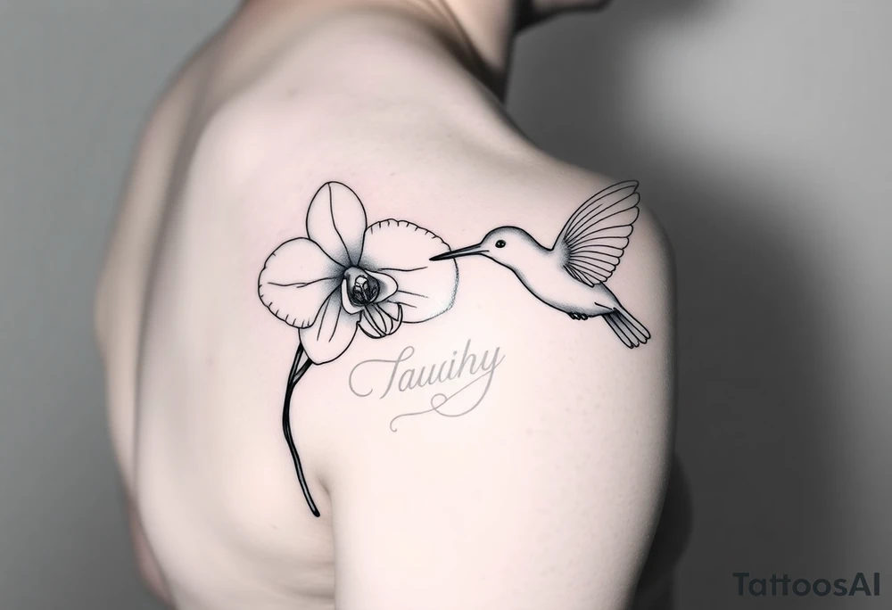 A delicate, black and white fine-line tattoo for make, featuring a gracefully detailed orchid in full bloom (stem and at least 2 flowers), with soft, intricate petals and elegant curves. Beside it, a hummingbird hovers mid-flight, its wings drawn with subtle motion lines, its slender beak reaching toward the orchid’s center to drink its nectar. The design captures a sense of balance and harmony, with the contrast between the stillness of the flower and the gentle energy of the bird. Perfectly suited for the upper arm, this piece combines nature’s beauty and movement in a timeless, minimalist style tattoo idea
