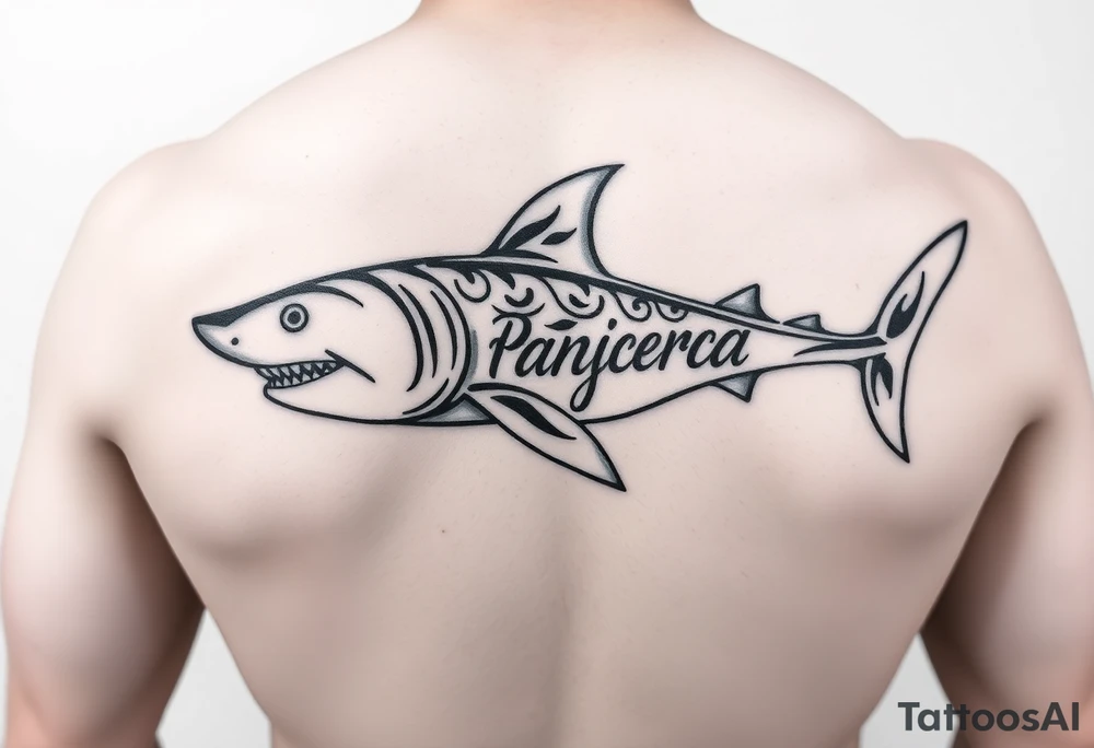 tribal shark with Rangiroa text on the back tattoo idea