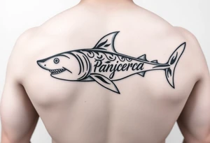 tribal shark with Rangiroa text on the back tattoo idea