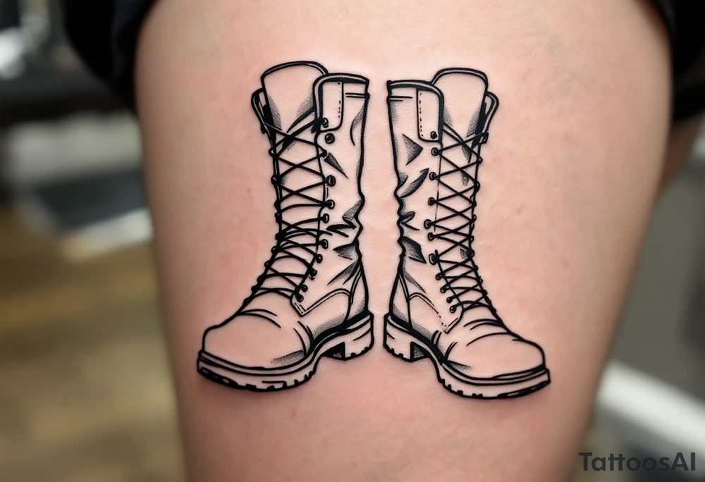 A pair of boots—one large, one tiny—side by side, outlined in black with a faint dusty blue shadow for depth. tattoo idea