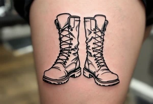 A pair of boots—one large, one tiny—side by side, outlined in black with a faint dusty blue shadow for depth. tattoo idea