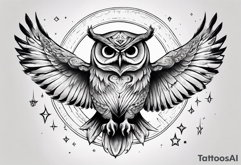 Wise and Regal Owl flying towards the Moon. tattoo idea