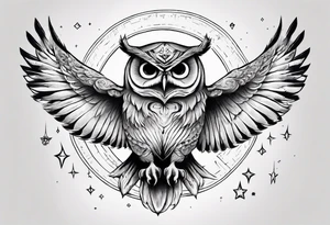 Wise and Regal Owl flying towards the Moon. tattoo idea