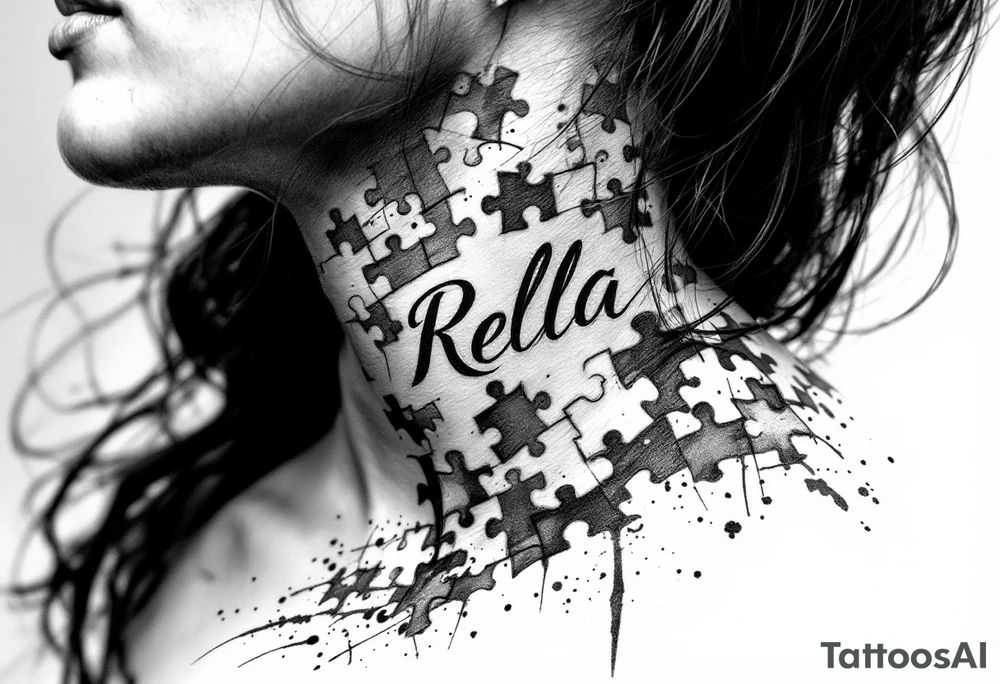 Puzzle piece tattoo on side of the neck that says Rella in the middle tattoo idea