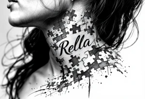 Puzzle piece tattoo on side of the neck that says Rella in the middle tattoo idea