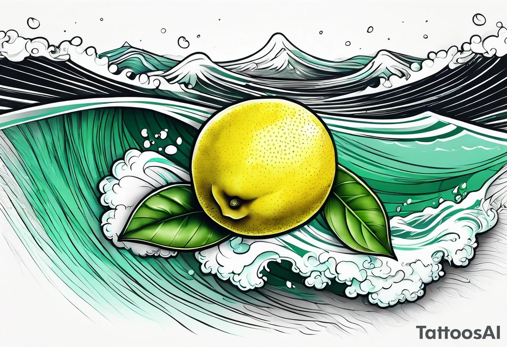 A lemon-Buoy with a green leaf-flag on waves tattoo idea