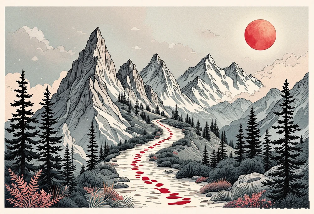 „I nejdelsi cesta zacina prvnim krokem.“ — A winding trail through mountain peaks in soft grays, with a single red bootprint and the proverb „I nejdelsi cesta zacina prvnim krokem.“ written in the sky. tattoo idea