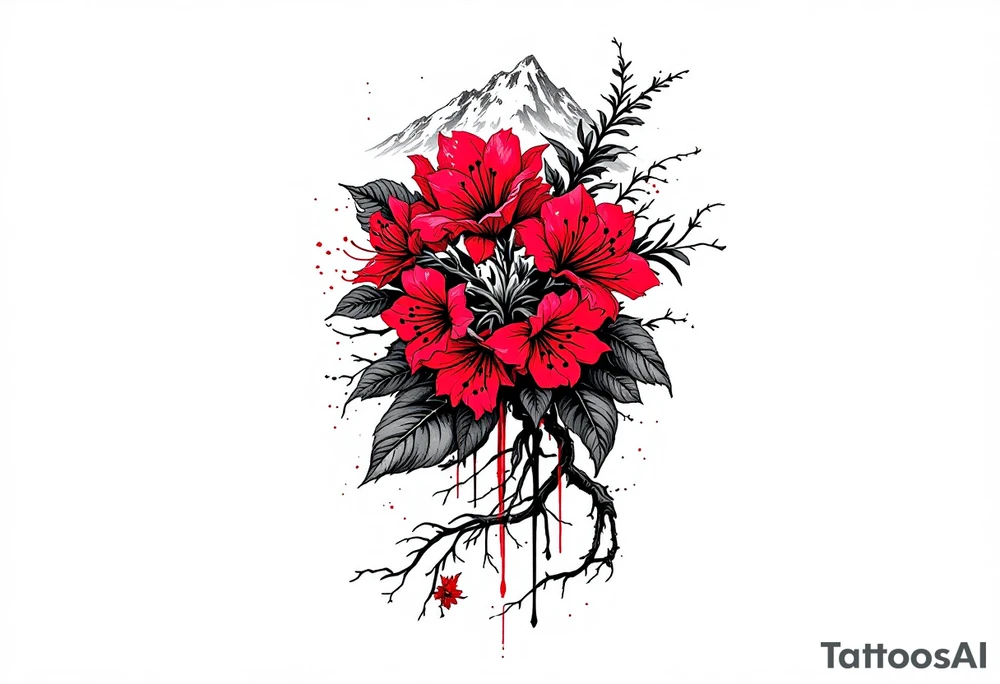 vertical wrist size red  and black rhododendron trippy with Himalayas behind tattoo idea