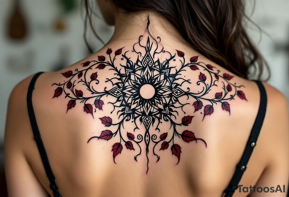 Wrapped in burgundy vines, the black Celtic sun at the center pulses with mystic charm. tattoo idea