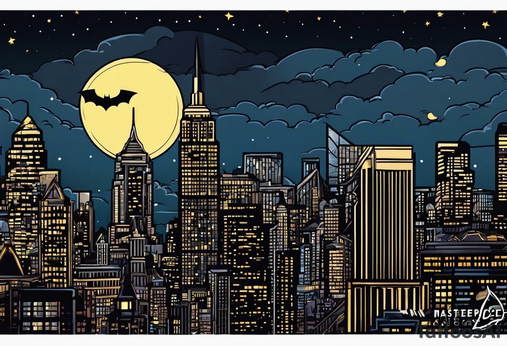 bat signal at night over a cityscape tattoo idea