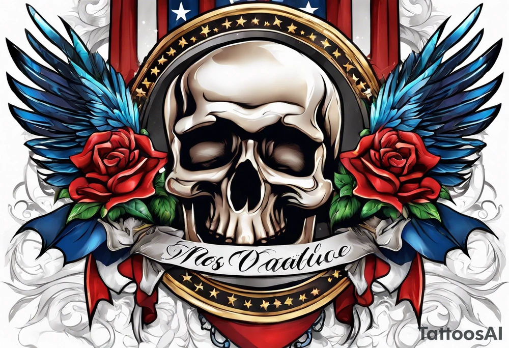 patriotic banner with skulls and birds tattoo idea
