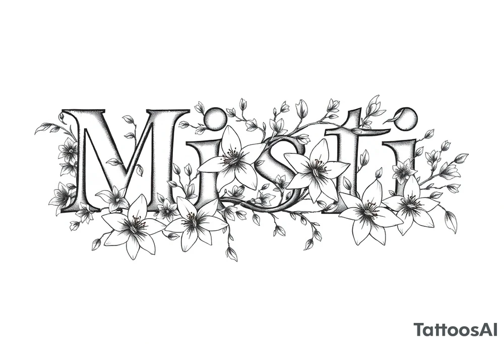 The word Misti surrounded by flowers, lilies. Vine in the letters. tattoo idea
