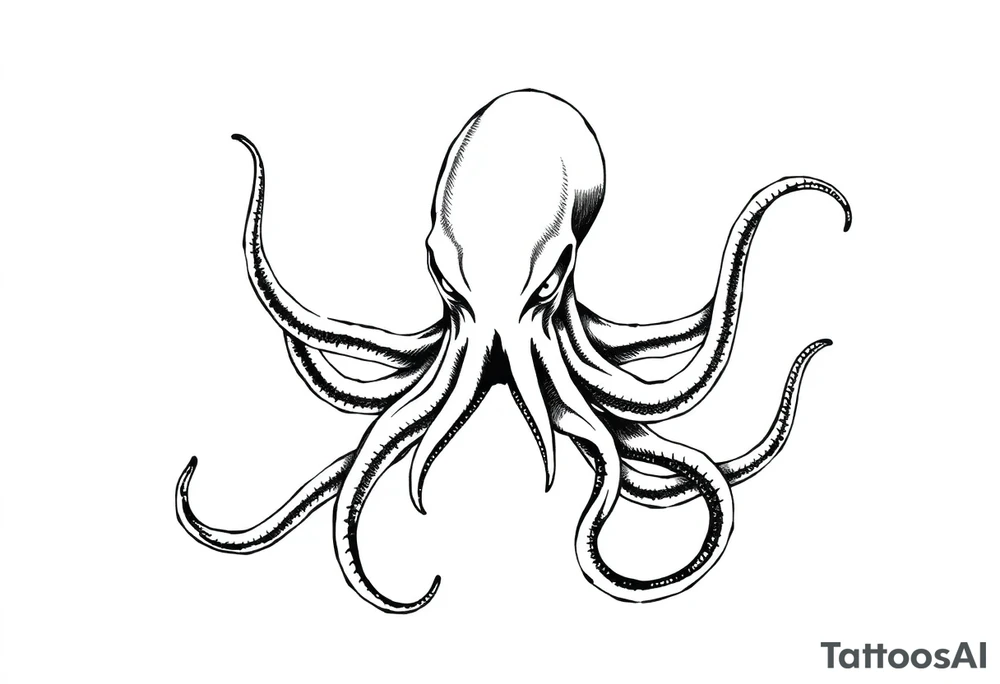 A minimalist blackwork tattoo design of an evil kraken The kraken is viewed from a 45-degree angle facing left, with its head centered. The tentacles extend only to the left and right, with none going downward beneath the head. the tentacles are quite long reaching to the left and right. The style is clean, fine-line detailing with bold outlines, avoiding heavy shading. The tentacles should be fluid, aggressive, and striking, enhancing the menacing and eerie look of the kraken while maintaining a cohesive design for a tattoo sleeve. make the tentacles very long, they need to be 3 times a slong as the head. Take the kraken from pirates of the caribeen as reference for its design. tattoo idea