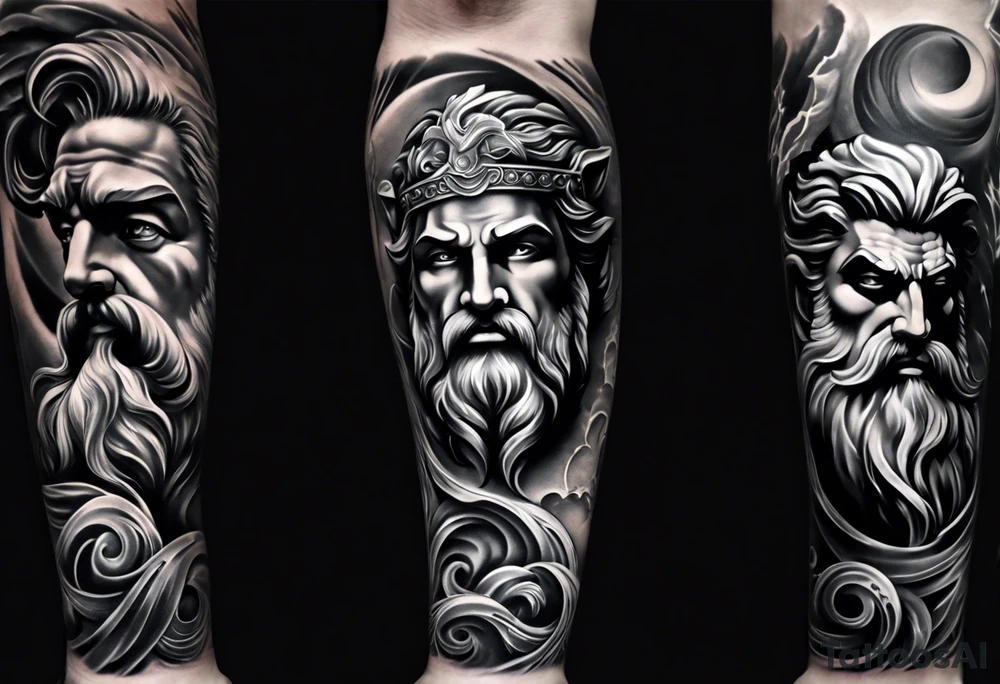 Full left arm tattoo sleeve with the Greek gods, Zeus, Poseidon and Hades. Zeus face is at the left shoulder, Poseidon face is at the left upper arm and Hades face is at the left forearm. tattoo idea