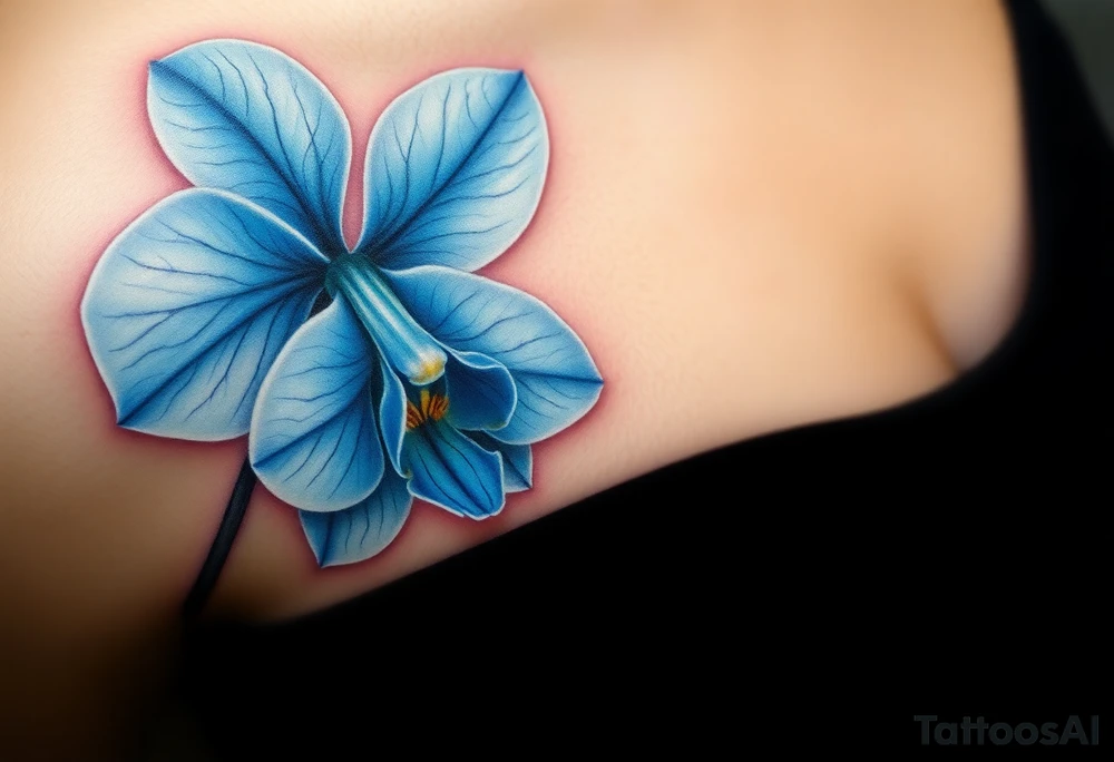 A detailed blue orchid with intricate petal veins, glowing softly against a dark background, evoking mystery and rarity tattoo idea