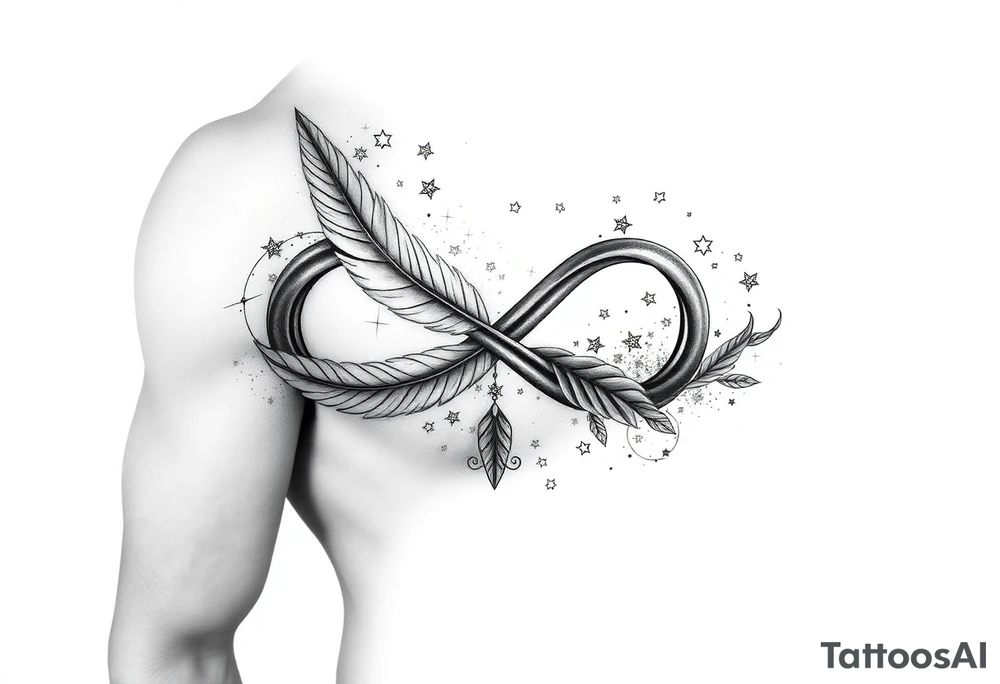 infinity symbol woven with floating feathers and stardust tattoo idea
